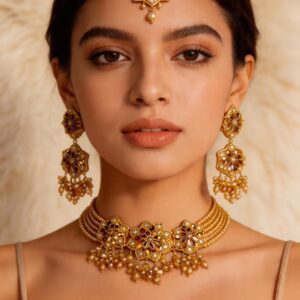 Premium Golden Beaded Bridal Jewelry Set