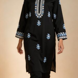 Comfortable Black & White Embroidered Kurta Set