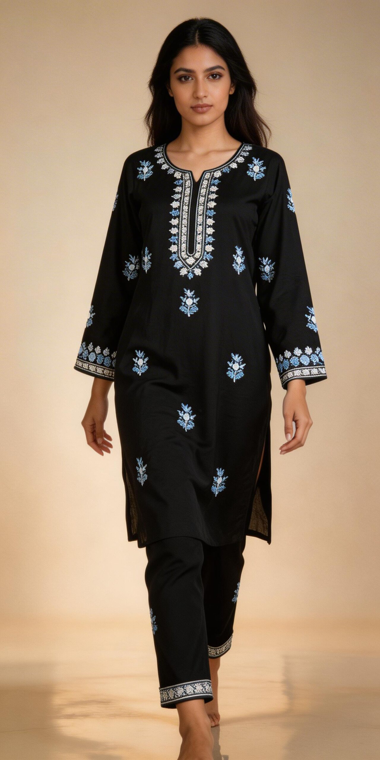 Comfortable Black & White Embroidered Kurta Set